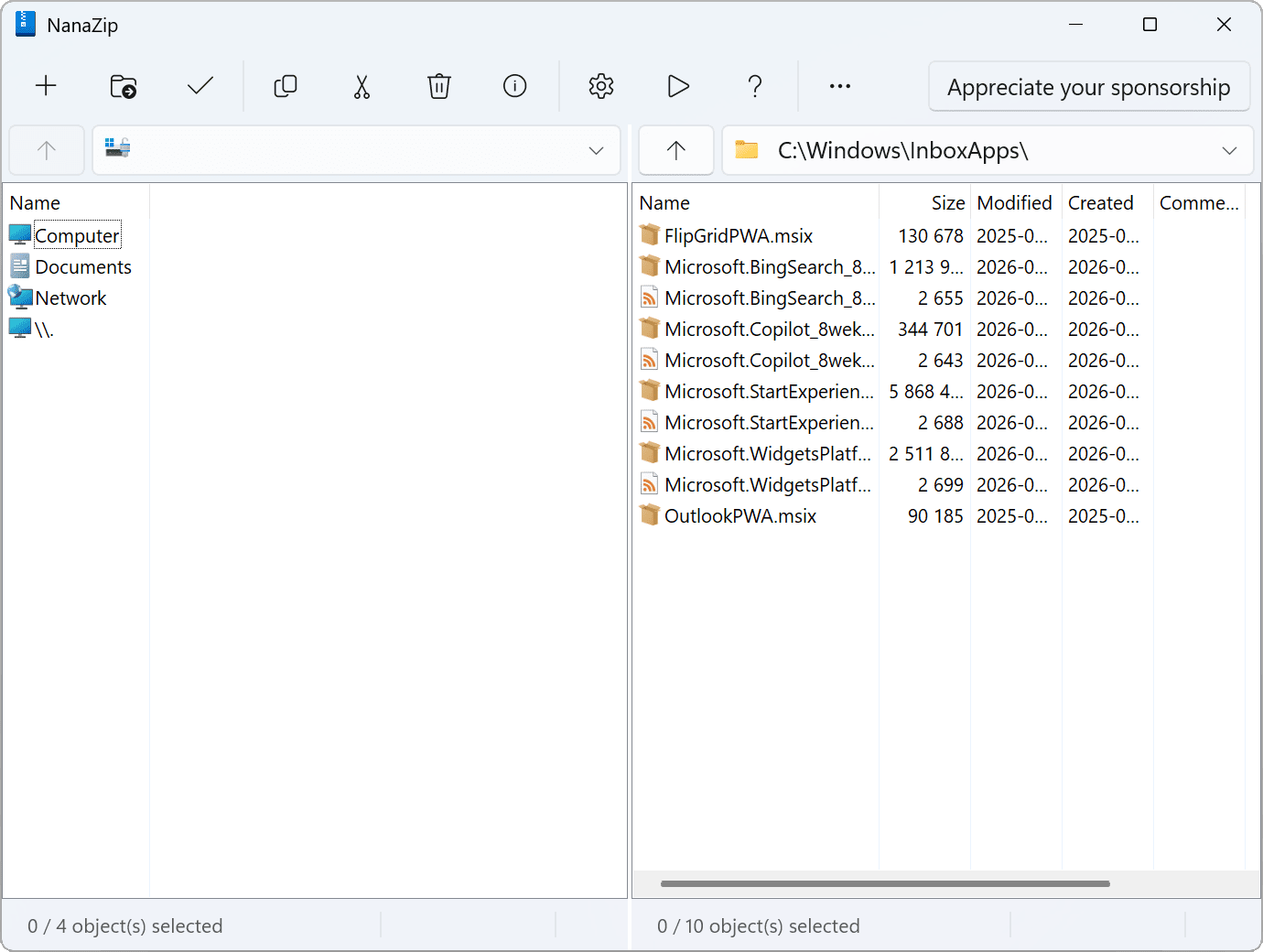 NanaZip main window in light mode showing file listing and toolbar