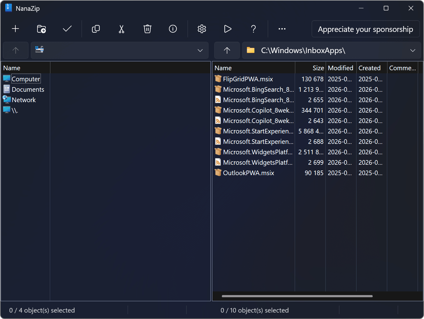 NanaZip main window in dark mode with Mica effect